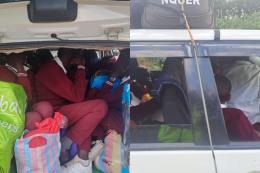 A composite image of a Toyota Probox ferrying 13 students.